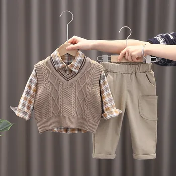 2023 Весна Осень, комплект одежды для маленьких мальчиков, 3 шт., свитер для маленьких мальчиков, жилет, рубашки с длинными рукавами, брюки-карго, комплект одежды, детский костюм