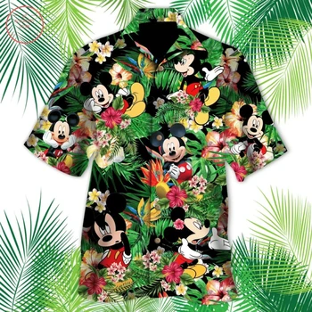 2023 Новая гавайская рубашка Disney с Микки Маусом Гавайская рубашка Пляжная рубашка с коротким рукавом Повседневная рубашка для отпуска Ретро