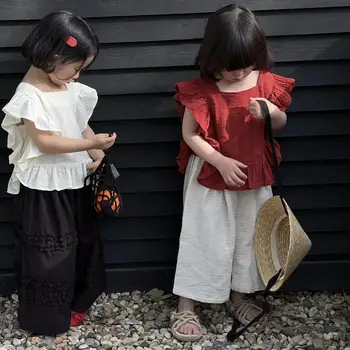 6761 Корейская Детская одежда, рубашка для девочек, 2023 Летняя Новая рубашка для девочек, топы без рукавов с деревянными ушками, Детские рубашки от 1 до 9 лет, Топы