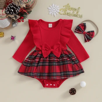 BeQeuewll/ Рождественские наряды для маленьких девочек из 2 предметов на осень, клетчатый комбинезон с бантом спереди и повязкой на голову, комплект одежды для новорожденных