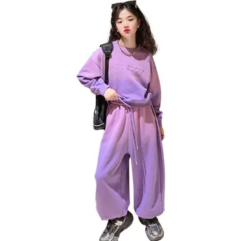 Великолепный комплект одежды фиолетового цвета для девочек-подростков, Модные весенне-осенние Горячие предложения, спортивные костюмы из 100% хлопка для детей, спортивная одежда