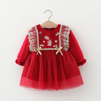 Весенне-осеннее новое утолщенное платье Little Rabbit для маленьких девочек, красная детская одежда с длинными рукавами Joyful Girl