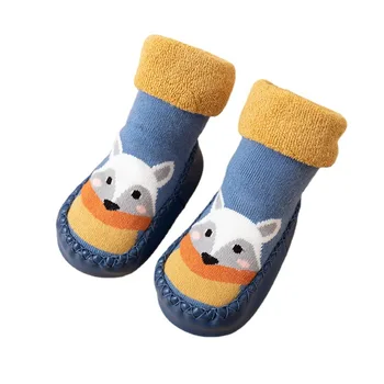 Детские домашние носки, носки для новорожденных, зимние толстые махровые хлопчатобумажные носки для девочек с резиновой подошвой, носки с мультяшными животными для младенцев