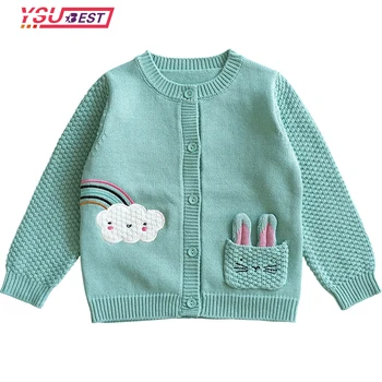 Детский кардиган для девочек, прекрасный зеленый свитер с кроликом, радужный кардиган с вышивкой для мальчиков, хлопковая толстовка, осенняя детская одежда