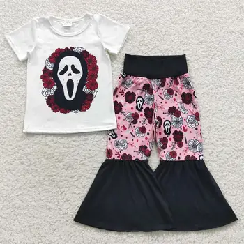 Комплект ужасов на Хэллоуин для маленьких девочек, футболка с короткими рукавами, штаны-колокольчики с цветочным рисунком, Детский осенний наряд с цветами