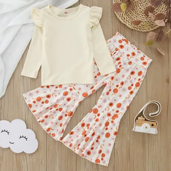 Комплекты одежды для маленьких девочек от 1 до 5 лет, осенне-зимние Однотонные топы в рубчик с цветочным принтом, расклешенные брюки, 2 шт.