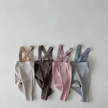 Корейские Детские однотонные леггинсы, обтягивающие брюки для маленьких мальчиков, Хлопковые комбинезоны для маленьких девочек, Детские Повседневные брюки, Детские леггинсы с ремешками
