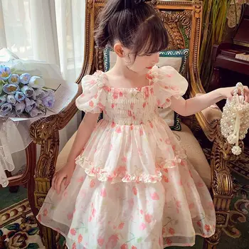 Летнее платье для девочек, новое модное сетчатое платье с цветочным узором для маленькой девочки, Корейская версия летнего детского модного платья принцессы