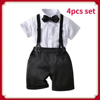 Одежда для маленьких мальчиков, детская бутик-одежда, летняя белая рубашка поло с ремешком для британского джентльмена + шорты, детская одежда из двух предметов