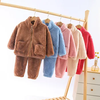 Осенне-зимний детский комплект 2023 года для мальчиков и девочек с мехом и утепленной домашней одеждой из двух предметов, костюмы для сна, детские пижамы