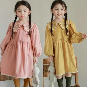 Платье для девочек с вышитым воротником, милое милое платье, платье принцессы, Осень 2023, Новая детская одежда
