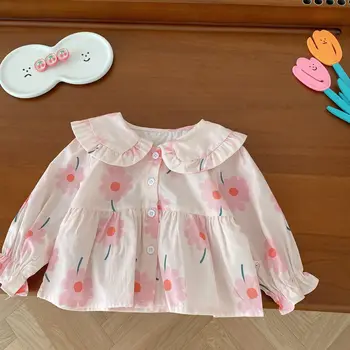 Рубашка с цветочным рисунком для девочек 0-6 лет, осенняя детская корейская версия, простая рубашка с кукольным воротником, Детская осенняя блузка для девочек