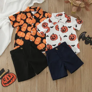 Наряды с принтами тыкв на Хэллоуин Для малышей и мальчиков, топы с короткими рукавами, рубашка, брюки, Осенние шорты, комплект Ropa De NiñO