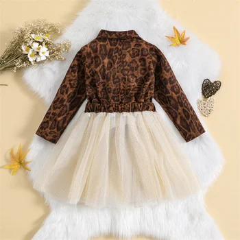Праздничное платье с леопардовым принтом для маленьких девочек, платья Осень-зима, многослойное платье из тюля с длинным рукавом и отворотом, Многослойное платье в стиле пэчворк для детей 2-6 лет