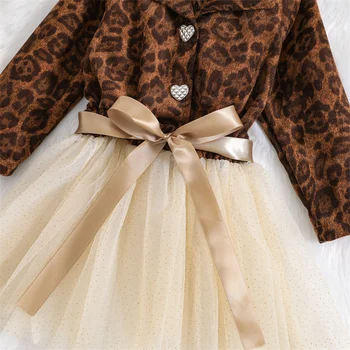 Праздничное платье с леопардовым принтом для маленьких девочек, платья Осень-зима, многослойное платье из тюля с длинным рукавом и отворотом, Многослойное платье в стиле пэчворк для детей 2-6 лет