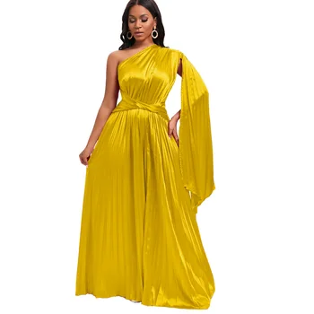 2023 Африканские платья для женщин Летние Элегантные Африканские женские Плиссированные Длинные вечерние Облегающие Макси-халаты с одним рукавом Африканская одежда