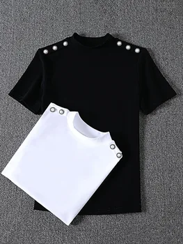 2023 женская футболка с полуприлегающим высоким воротом, хлопковая тонкая верхняя одежда без подкладки с короткими рукавами