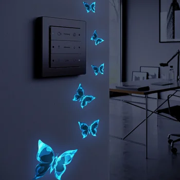 6 шт. Синяя светящаяся наклейка с выключателем в виде бабочки для спальни, гостиной, наклейка с выключателем для украшения, самоклеящаяся наклейка на стену