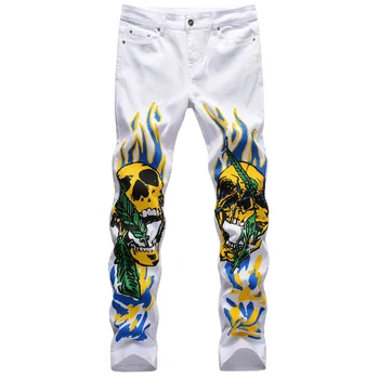 Jas Модные мужские джинсы Стрейч Slim Fit с 3D цветным принтом, черно-белые брюки, уличная мода с граффити в виде огненного черепа, мужские джинсовые брюки