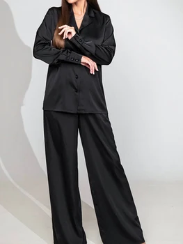 Linad Черная пижама для женщин, комплекты из 2 предметов, повседневная пижама с длинным рукавом, пояса, Женские Свободные брючные костюмы, осенняя пижама