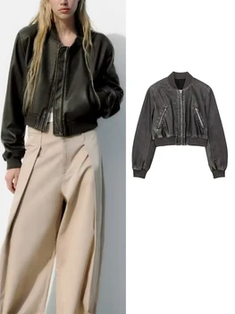 TRAF Весна-осень, куртка-пилот из искусственной кожи, пальто 2023, Винтажные женские карманы с длинным рукавом, шикарные топы на молнии с круглым вырезом, короткая верхняя одежда