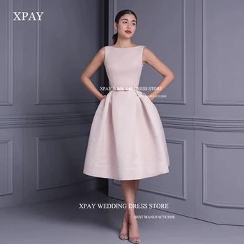 XPAY, скромные Корейские платья для выпускного вечера средней длины, Атласные вечерние платья с круглым вырезом, без рукавов, пояс с бантом, чайной длины, вечернее платье для выпускного вечера