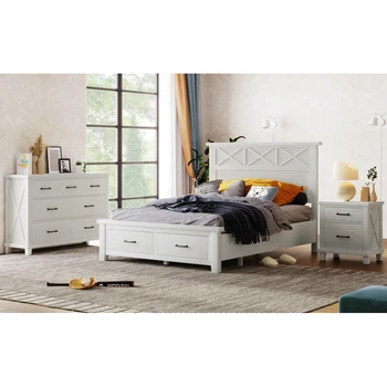 Белый Спальный гарнитур в Деревенском Фермерском стиле из 3 предметов, Двуспальная кровать с 2 Выдвижными ящиками, Тумбочка и комод, для внутренней мебели спальни
