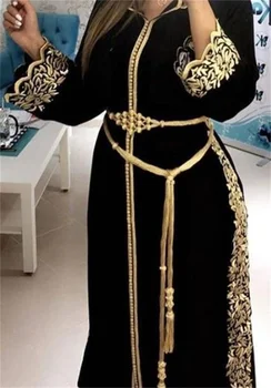 Вечерний V-образный вырез С длинным рукавом, Золотая аппликация, Черный пояс для халата, Жемчужный Марокканский Кафтан, Арабское платье, Кружево с высокой вышивкой на заказ