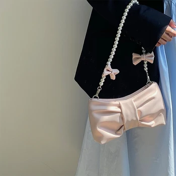 Девчачий жемчужный бант, милая сумка под мышку, сказочная женская маленькая розовая сумка через плечо из мягкой искусственной кожи, женский перламутровый клатч, сумочки-портмоне