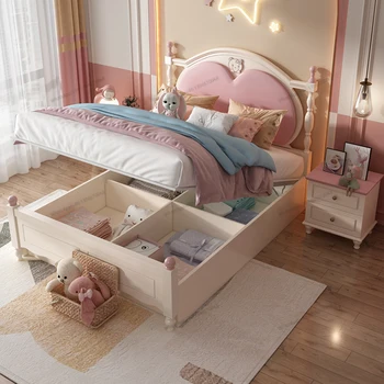 Детская кровать, кровать для девочки, розовая кровать, кровать принцессы, спальня, односпальная кровать, высокий ящик, массив дерева, молодежный люкс, комбинация мебели
