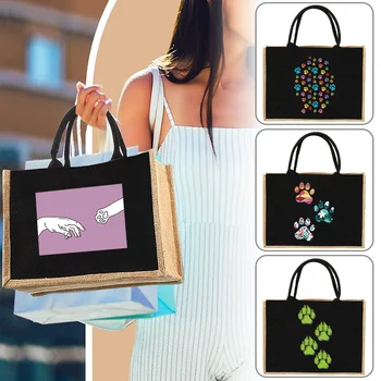 Джутовая сумка, сумка через плечо, мешки, имитация мешков, Льняные сумки, женская сумка для покупок, дизайнерские ламинированные сумки, милые медвежьи следы