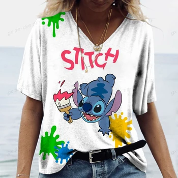 Женская летняя новинка 2023, модная футболка с 3D-принтом Disney Stitch, Женская Повседневная футболка с V-образным вырезом в пригородном стиле XXS-5XL