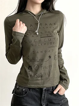 Женская футболка с темно-готическим буквенным принтом 2023, осенний винтажный американский топ Harajuku с капюшоном, приталенный топ с длинными рукавами, Новые топы Ins