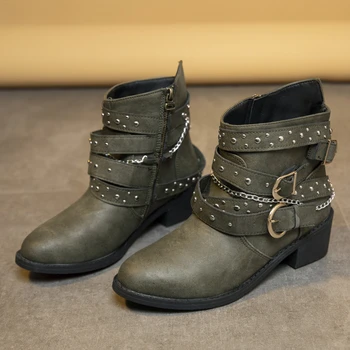 Женские ботинки в западном стиле 2023, винтажные зимние женские ботинки с металлическими заклепками, дизайн пряжки на ремне, Массивный каблук, платформа, Мотоциклетные ботинки в стиле панк