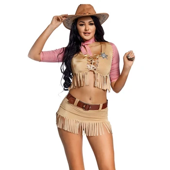 Леди Сексуальный костюм ковбоя в стиле стимпанк в западном стиле, раздельный наряд охотницы с кисточками, косплей, необычное платье для вечеринки на Хэллоуин.