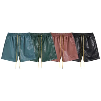 Летние кожаные шорты Rhude с вышивкой логотипа 1: 1, этикетка, свободные повседневные шорты с завязками лучшего качества для мужчин и женщин