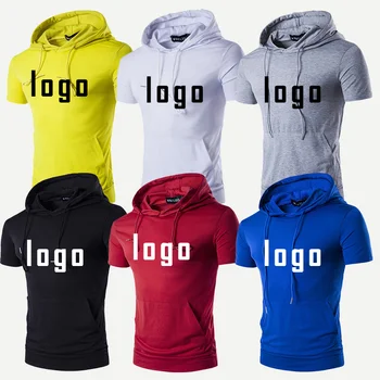 Летние мужские спортивные футболки с логотипом на заказ, однотонные, с капюшоном, коротким рукавом, легкие повседневные толстовки Streeetwear