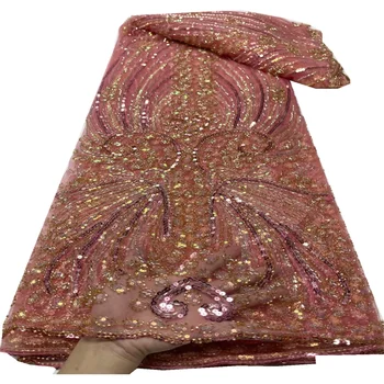 Модная Французская Сетчатая кружевная ткань с вышивкой бисером, Африканская кружевная ткань с пайетками в Нигерийском стиле для свадебного платья FYU536