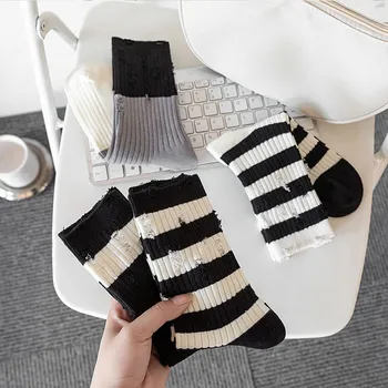 Модные Носки с дырками в черно-белую полоску, подходящие по цвету Модные Простые Универсальные Удобные Дышащие Носки с ворсом V218