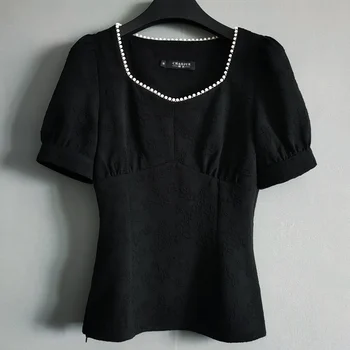 Модный рукав маленького размера для женщин 2023, летняя новинка, приталенная футболка с жемчужным квадратным вырезом, изысканный короткий топ, тонкий