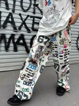 Мужская уличная одежда Y2K, брюки-карго с граффити в американском стиле, мужские повседневные брюки с буквенным принтом, винтажные прямые длинные брюки, спортивные брюки