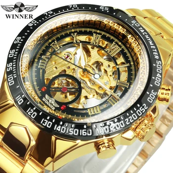 Мужские автоматические часы WINNER Gold Классические светящиеся стрелки Ремешок из нержавеющей стали Роскошные Прозрачные механические часы с каркасом