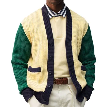 Мужской вязаный кардиган с длинным рукавом и V-образным вырезом, винтажный свитер, теплая куртка, Трикотажные пальто, повседневная одежда на пуговицах, осенняя, зимняя мода