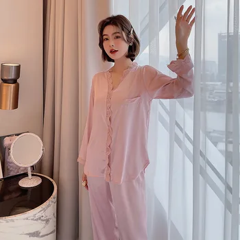 Новый женский пижамный комплект, винтажная кружевная пижама с V-образным вырезом, шелковая ночнушка, домашняя одежда для отдыха, пижама Femme