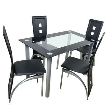 обеденный стол 110 см, Обеденный стол из закаленного стекла и стулья из 4шт, Прозрачный и черный Обеденный стол, обеденный стул
