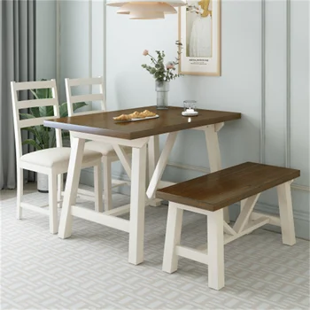 Обеденный стол из 4 предметов, массив дерева Со скамейкой для небольших помещений, прочный, простая в сборке Кухонная мебель для ресторана