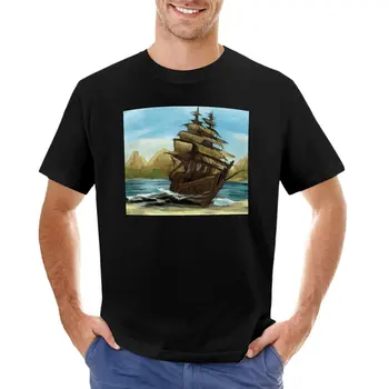 Пиратский фон в стиле комиксов, пиратский корабль выходит на берег, футболки с кошками, мужские футболки