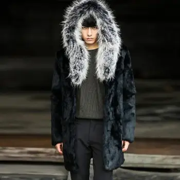 Пушистые мужские пальто из искусственного меха 1 мужская негабаритная зимняя утепленная куртка из искусственного лисьего меха, верхняя одежда, роскошные черные длинные пальто с капюшоном M790