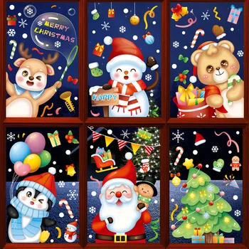 Рождественские наклейки на стекло с мультяшным Сантой, Снеговиком, Рождественской елкой, наклейки на окно С Новым годом 2024, Наклейки с Рождеством Христовым