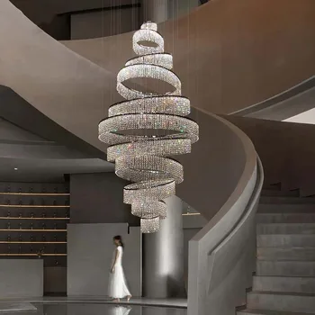 Роскошная светодиодная люстра на лестницу для гостиной, лобби, Большое современное кольцо Cristal, Подвесное освещение, Хромированная длинная лампа для помещений